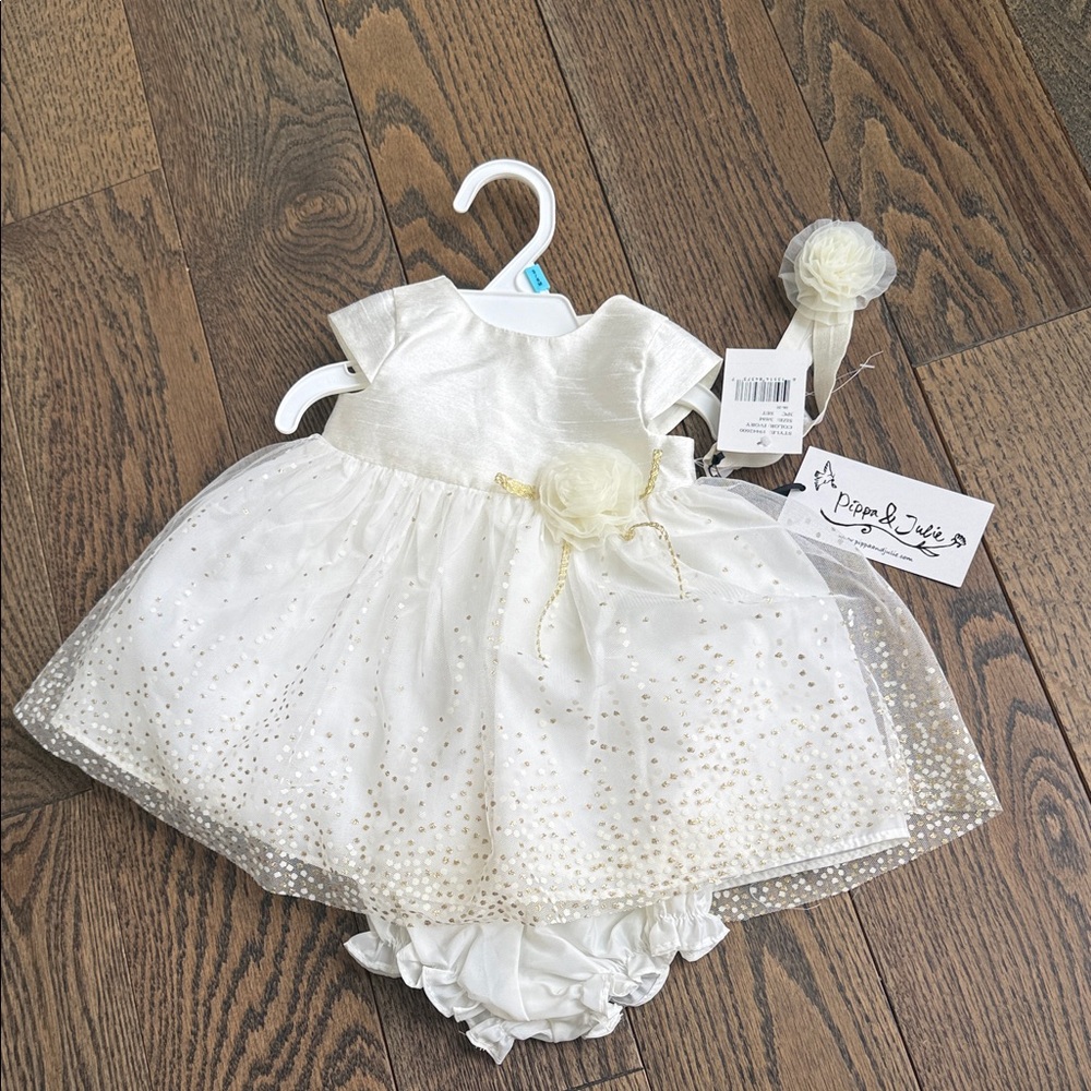Pippa & Julie Ivory and Gold Baby Dress special occasion 3-6 months newborn baby